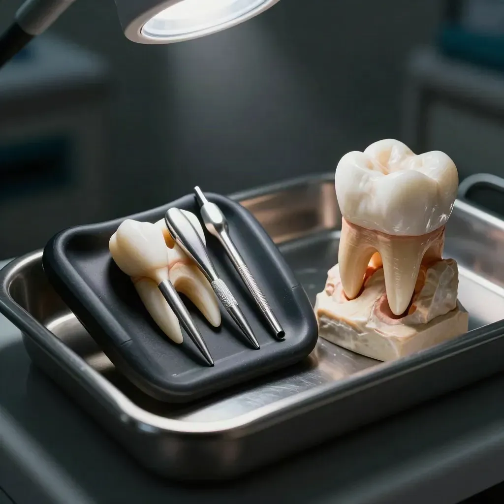 Zestaw pilników endodontycznych obok modelu zęba i tacki na ciemnym wózku klinicznym.