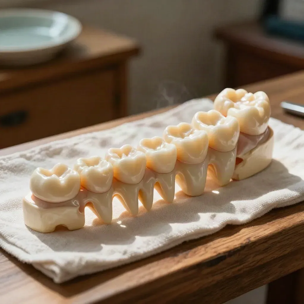 Rząd modeli zębów stałych, jasna tkanina i ceramiczna miseczka na ciemnym drewnie