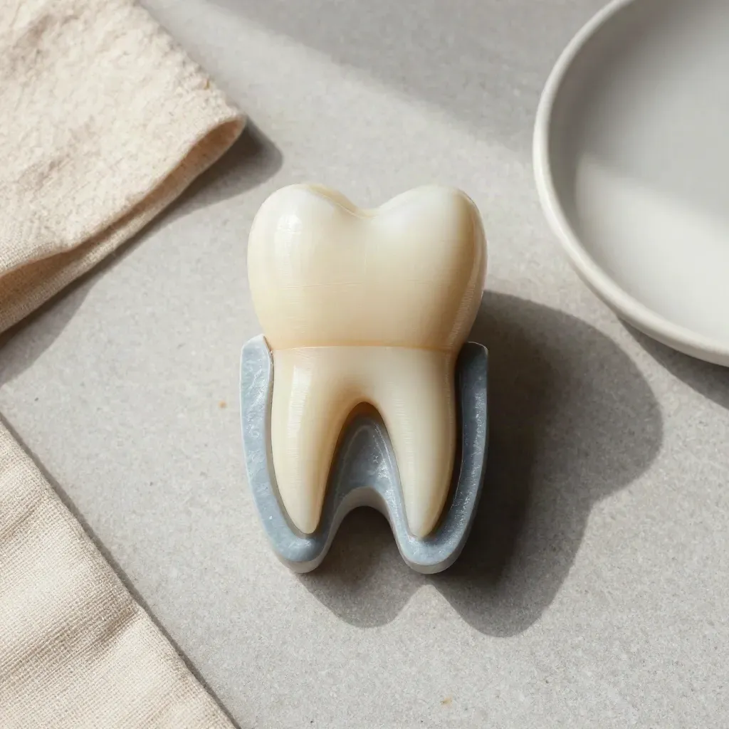 Model zęba w przekroju, lniana tkanina i ceramiczna miseczka na kamiennym tle.