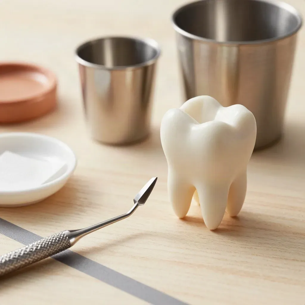 Końcówka pilnika endodontycznego przy modelu zęba i stalowym kubku na jasnym drewnie.