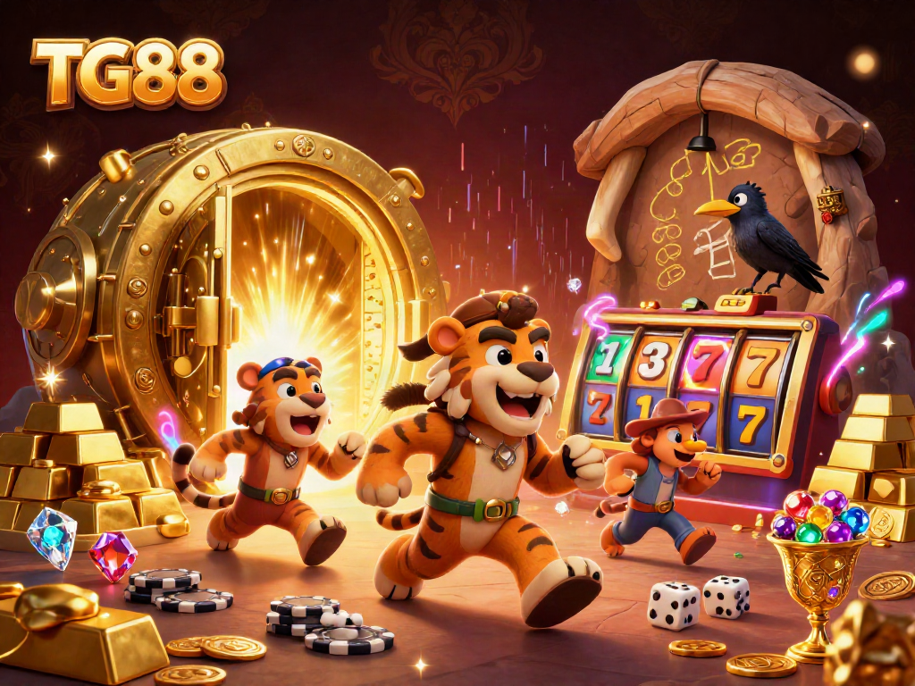 Experience the thrill of TG88 with a prehistoric casino scene filled with vibrant slot elements and treasures.
