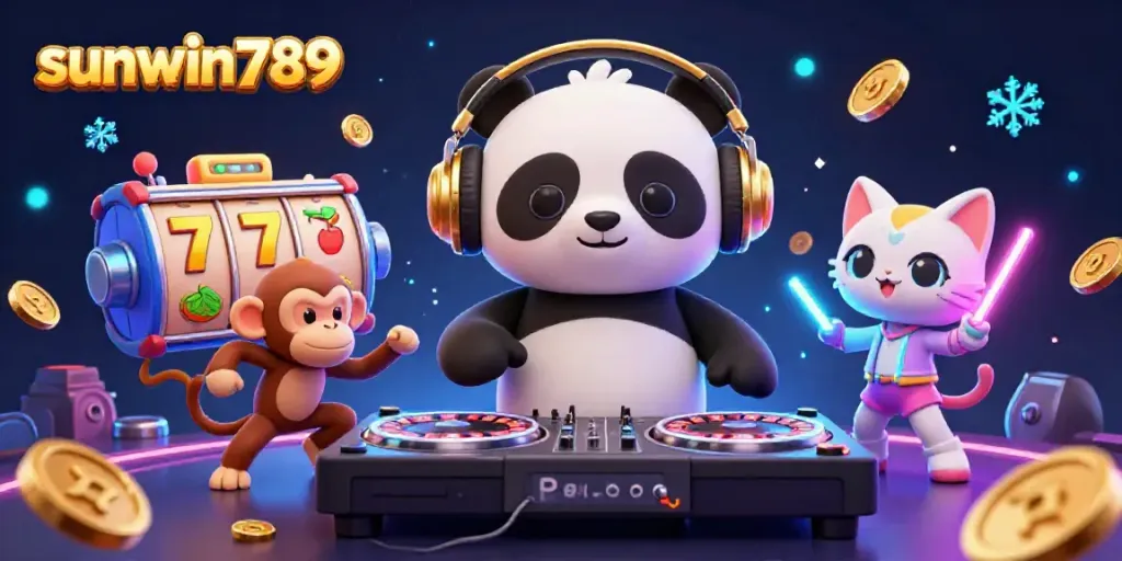 Experience the vibrant excitement of sunwin789 with a DJ panda and lively characters in a casino-themed illustration.