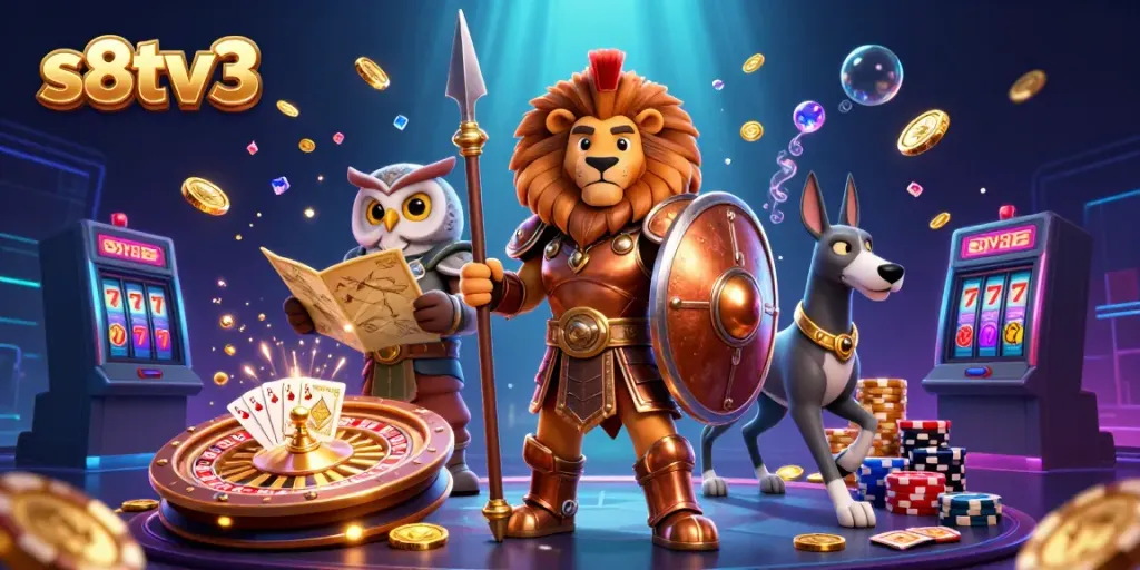 Experience thrilling gameplay at s8tv3, where the Spartan lion defends against golden coins and vibrant poker chips.