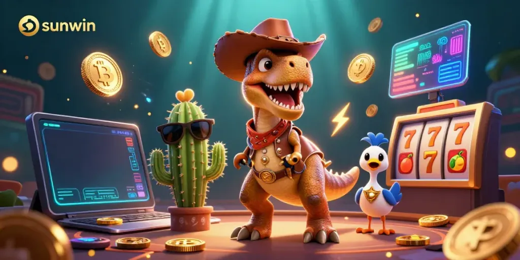 Experience thrilling gameplay at sunwin with a dynamic 3D casino scene featuring playful characters and gaming elements.