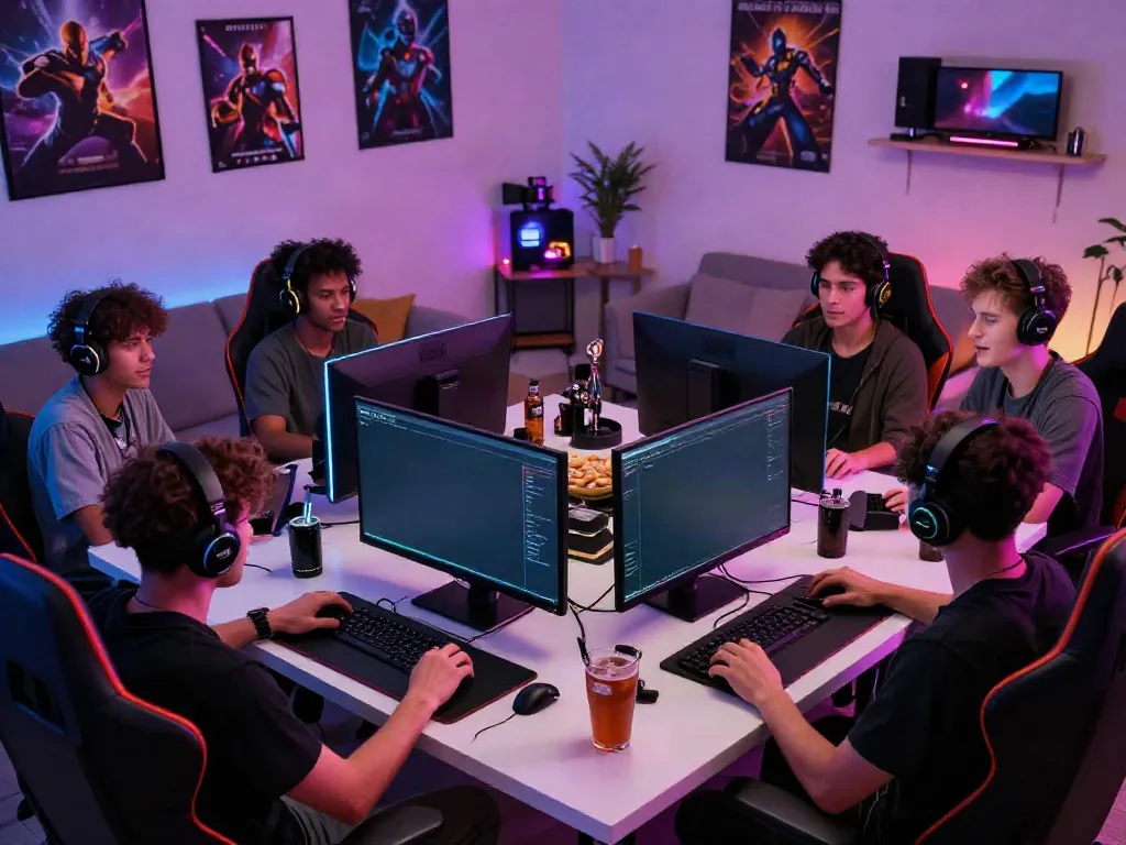 Friends enjoying DA88 gaming experience with vibrant setup and tech.