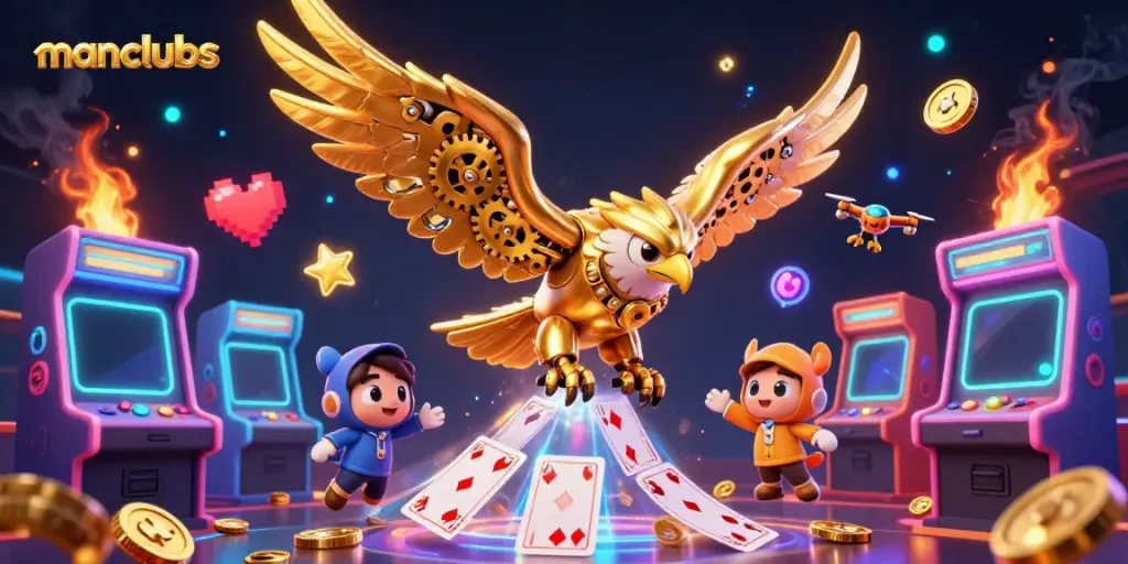 Experience thrilling gameplay at manclubs with a cybernetic eagle diving through holographic cards.