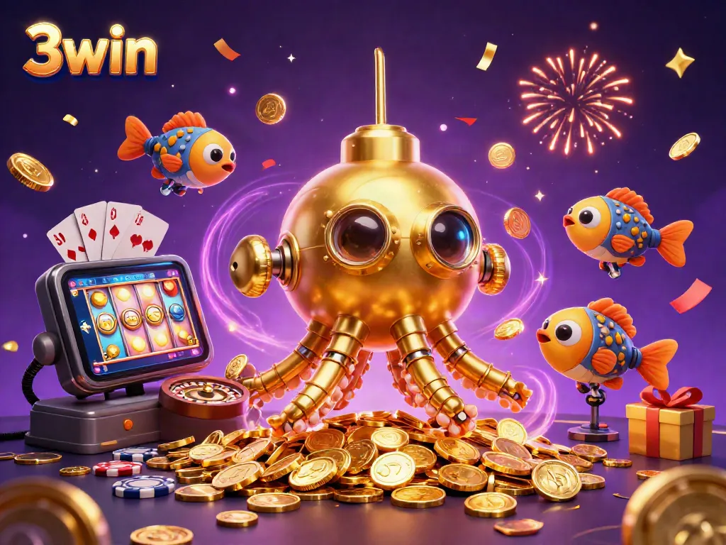 Experience the thrill of winning with 3win's dynamic casino gameplay featuring golden krakens and slot games.