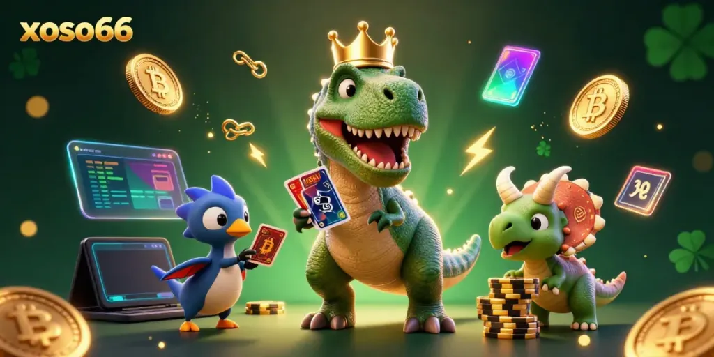 Experience the thrilling world of xoso66 with a T-Rex shuffling cards, and vibrant crypto elements!