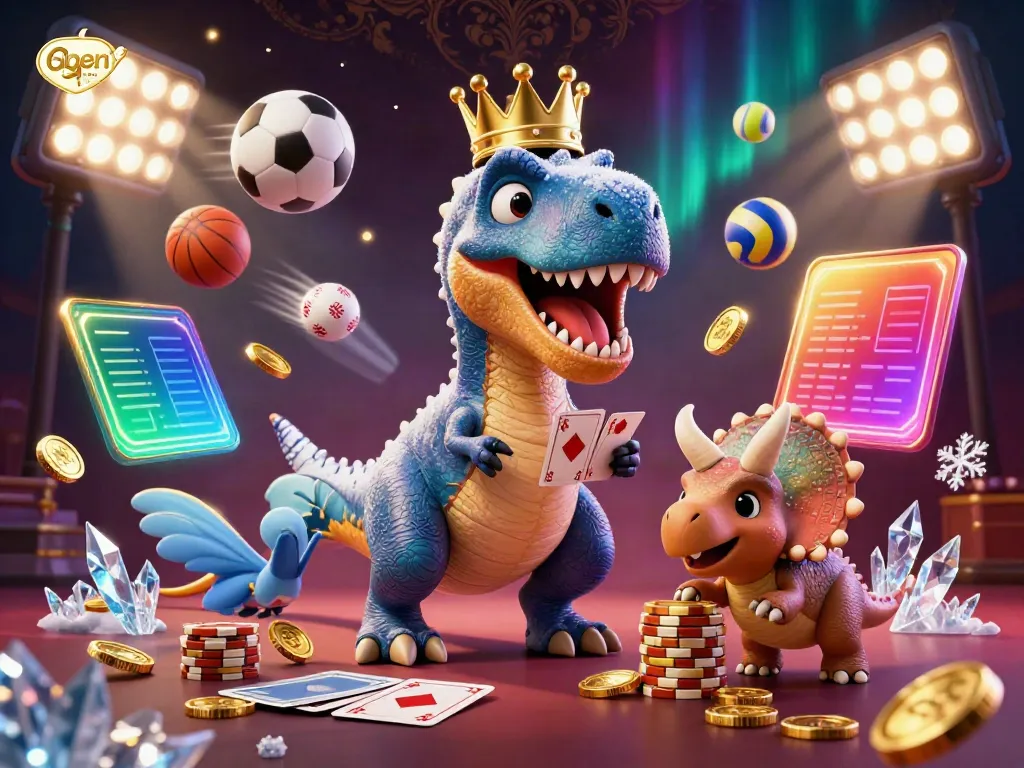 Ilustrasi 3D agen toto menampilkan dinosaurus dan elemen kasino yang meriah dan menghibur.