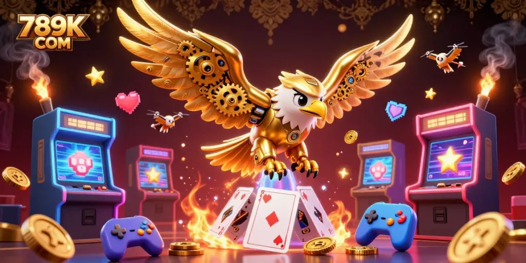 Engage with thrilling action at 789K COM featuring golden eagle diving through holographic cards amidst animated casino game elements.