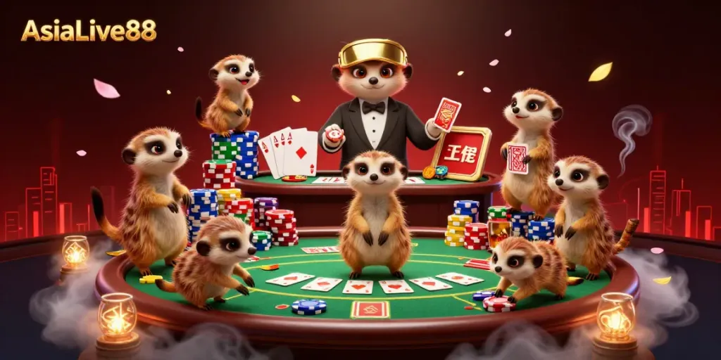Experience excitement at AsiaLive88 with meerkats managing thrilling casino games and poker action.