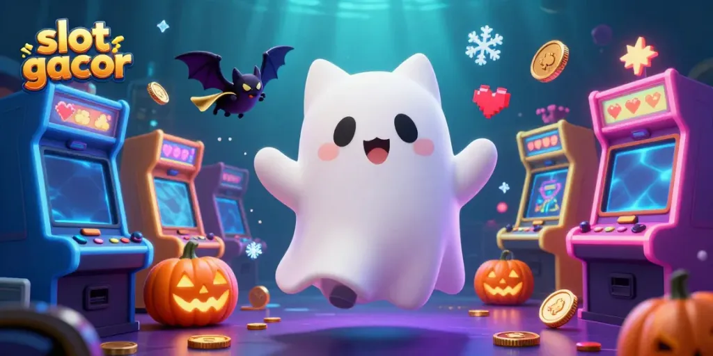 Slot gacor dengan kucing hantu dan kelelawar dalam suasana kasino yang cerah.