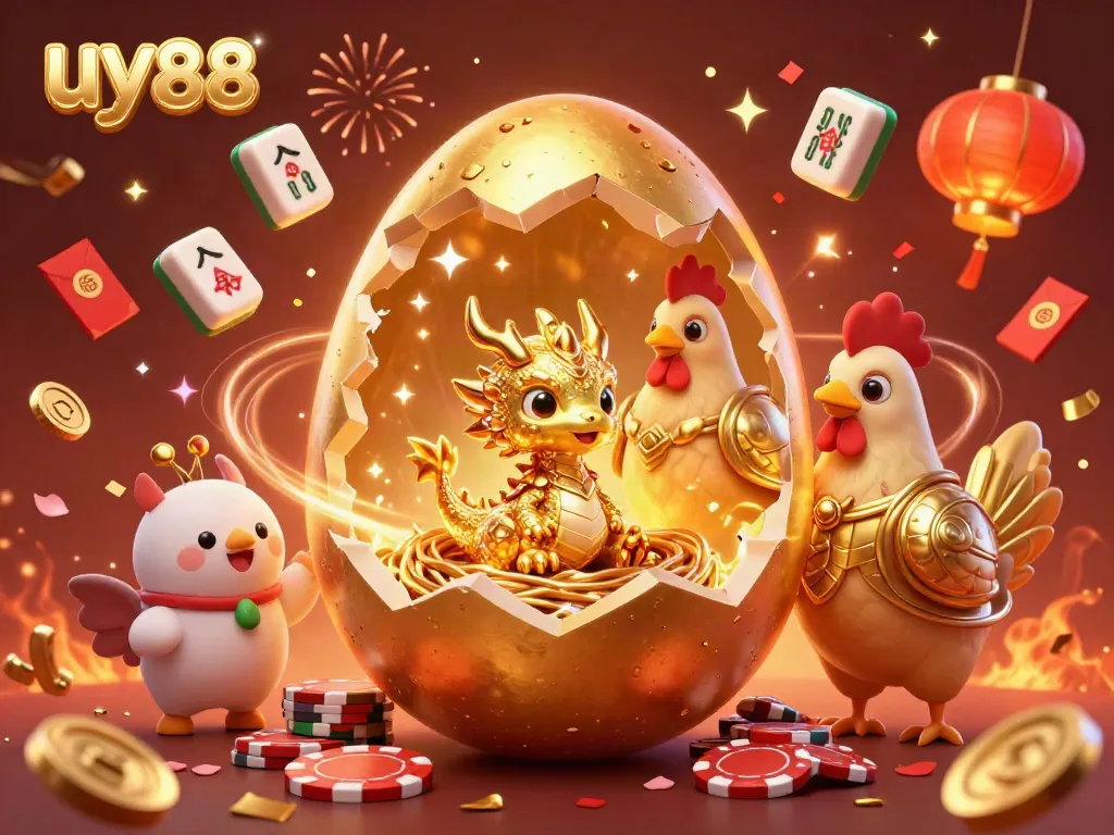 Experience the unique uy88 gaming scene with a golden dragon and poker chips amidst festive decorations.