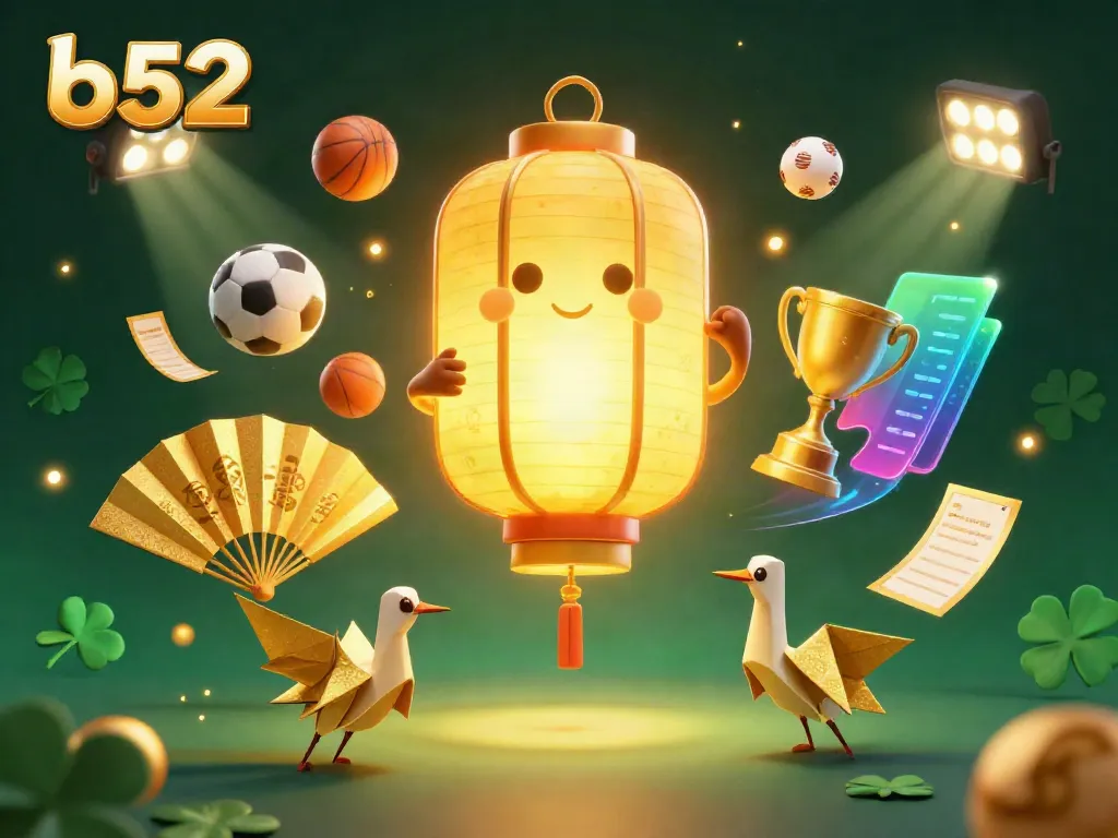 The b52 online casino features a glowing golden lantern spirit and dynamic sports elements in a vibrant setting.