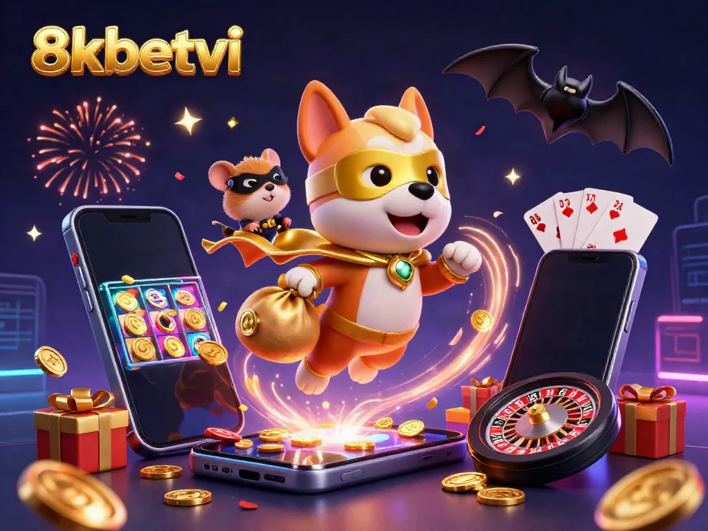 Experience thrilling wins with 8xbetvi in this vibrant 3D scene featuring colorful casino elements.