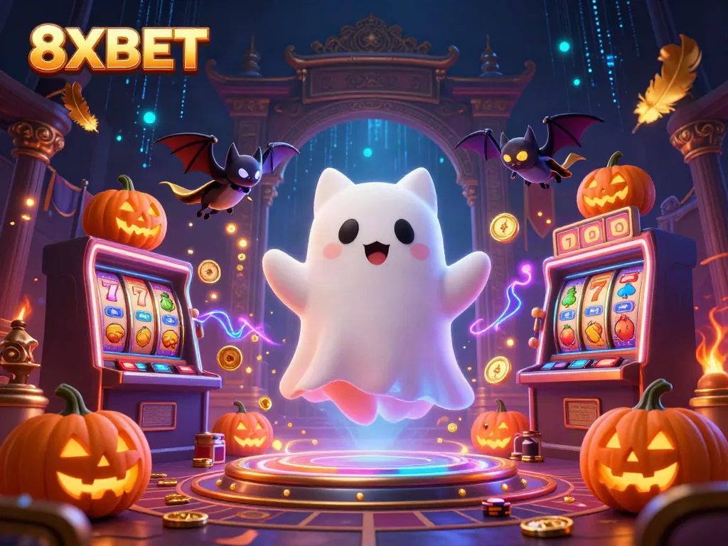 Experience thrilling gaming with 8XBET, featuring magical characters in a haunted casino.