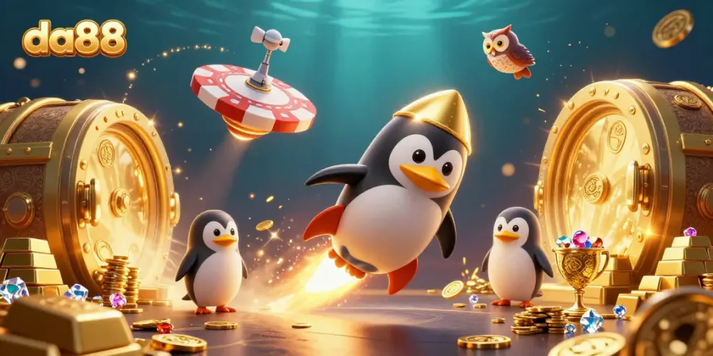 Engage with da88 as a rocket-powered penguin blasts through space towards a casino. Rich in gold coins and treasures.