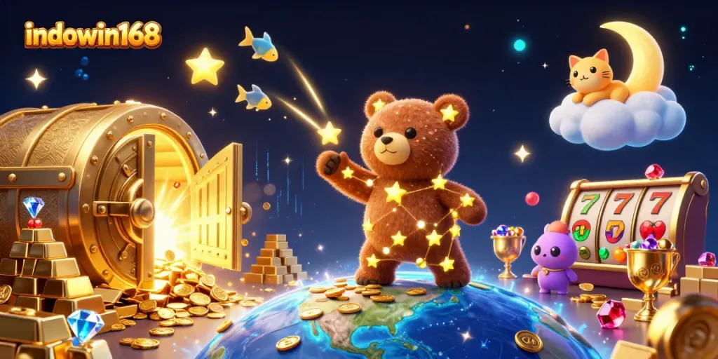 Engage with indowin168 by rolling in slot treasures with stunning visuals of a cosmic bear and jewels.