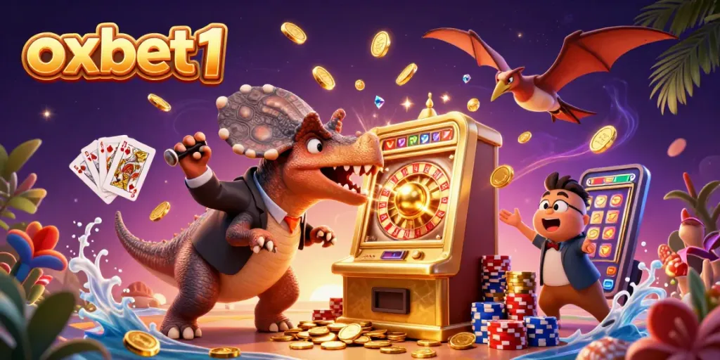 Experience the thrill at oxbet1 with a dinosaur-themed jackpot scene filled with coins and excitement.