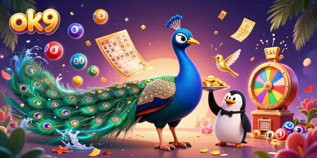 Experience the thrill of ok9 gambling with colorful lottery elements and charming characters in an illustrated casino scene.