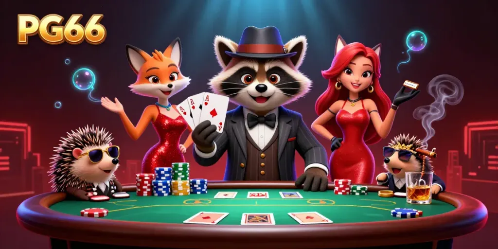 Engage in thrilling poker action with PG66's dynamic characters at an ultra-detailed casino scene.