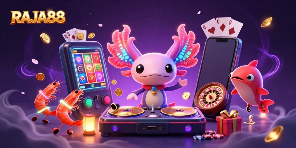 RAJA88 casino scene with DJ axolotl, colorful slot game sparks, and glowing underwater elements.