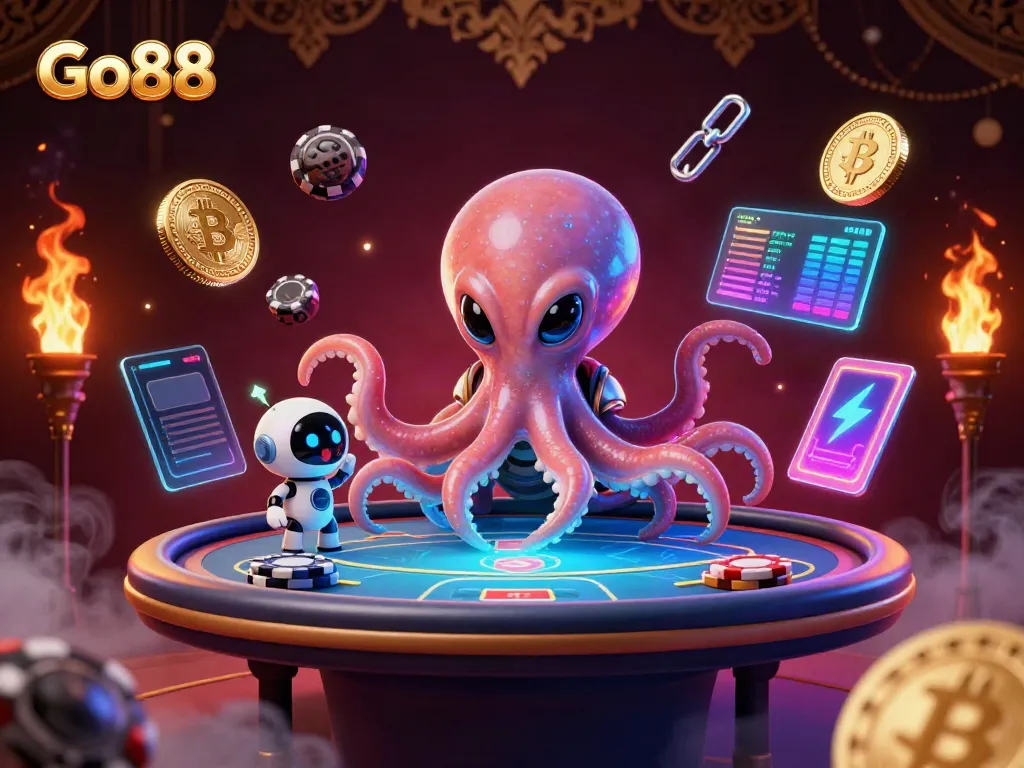 Experience thrilling gaming at Go88 with a vibrant alien octopus and holographic poker table.