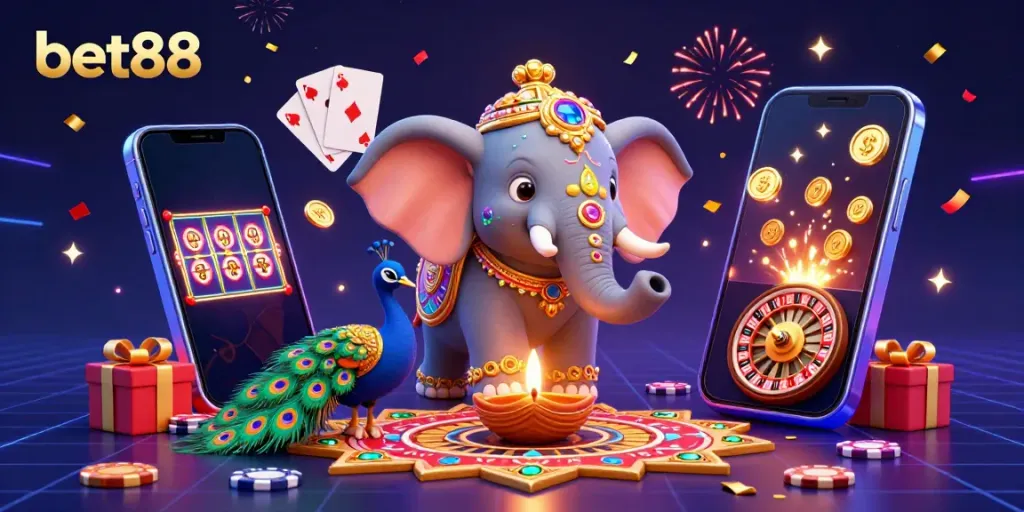 Experience exciting moments at bet88 with a vibrant 3D casino scene featuring festive elements.