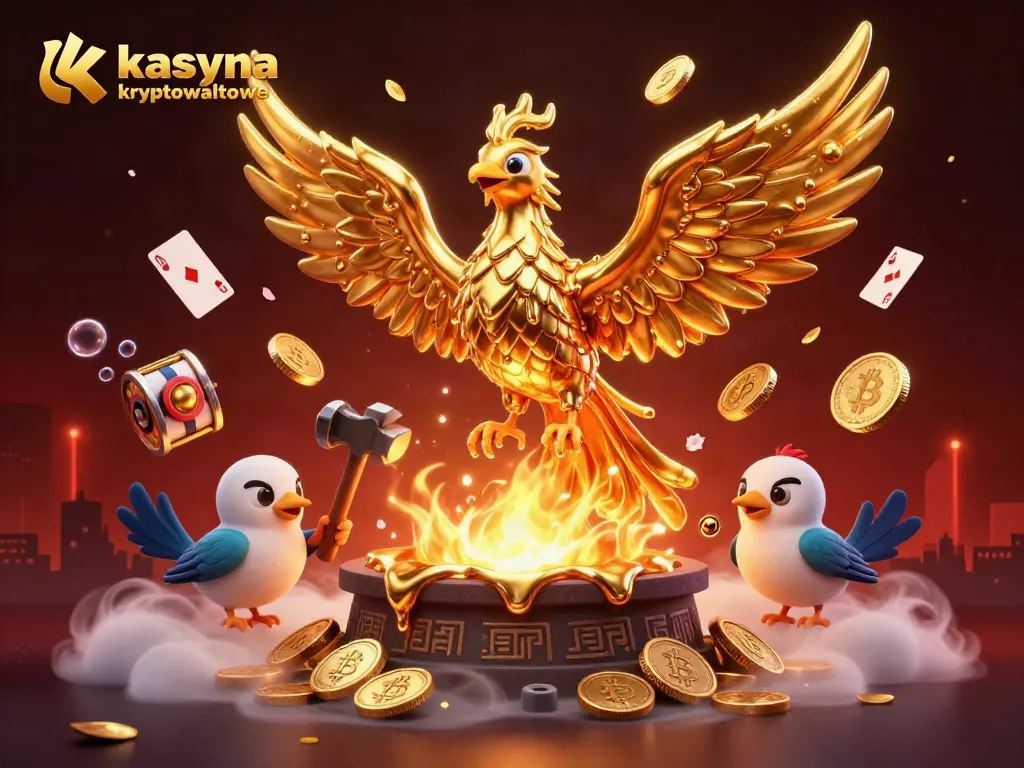 Engage in kasyna kryptowalutowe with vibrant 3D illustration of a phoenix amidst crypto elements.