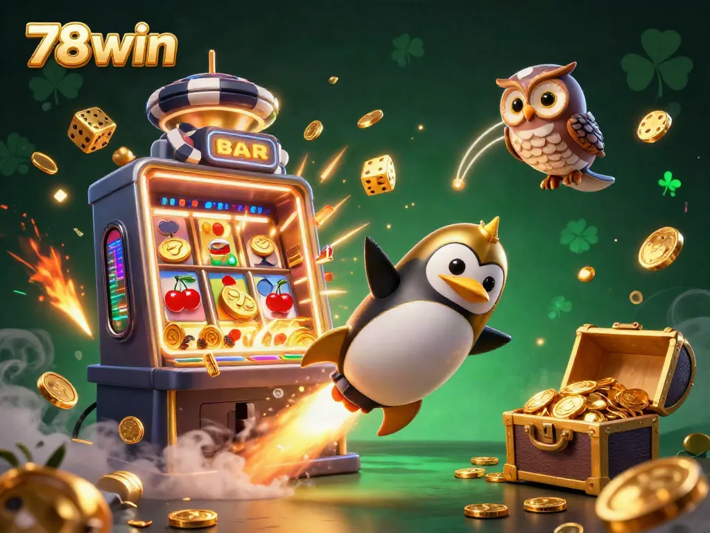 Experience thrilling 78win gaming action with a golden penguin blasting through a cosmic casino world.
