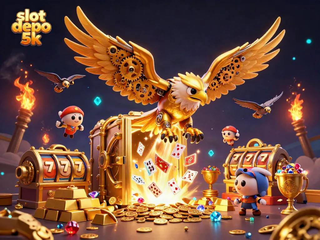 Win big with slot depo 5k featured in this vibrant 3D casino scene full of gold and excitement.