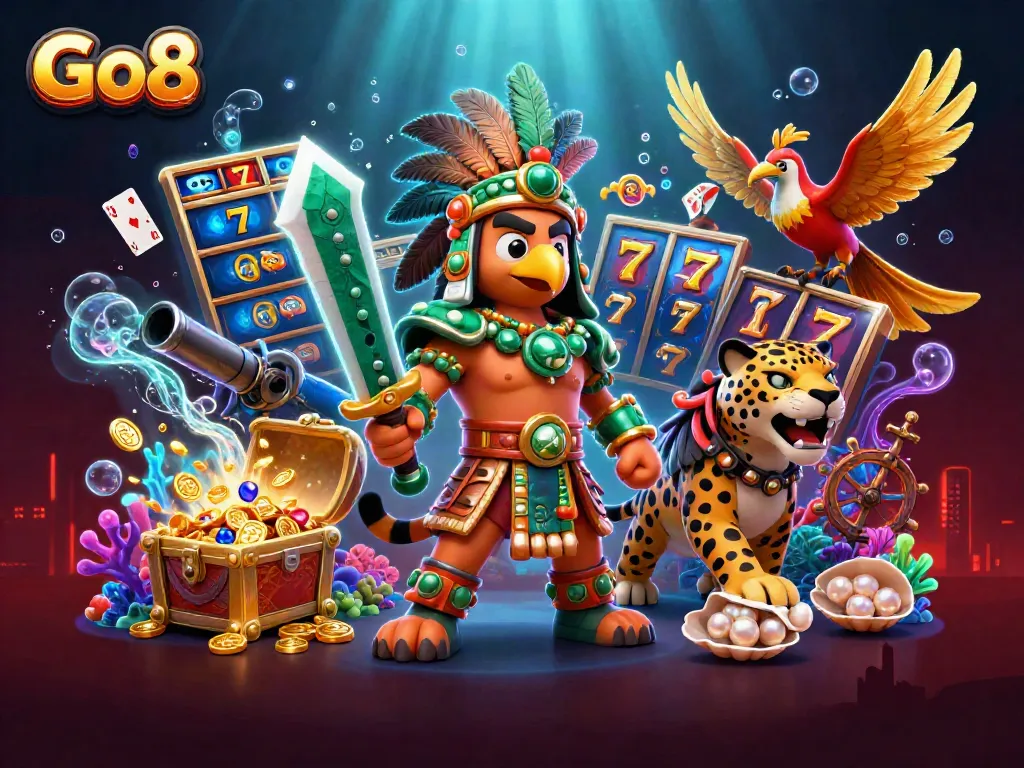 Go8 slots scene featuring an Aztec warrior and jaguar surrounded by rich casino elements.