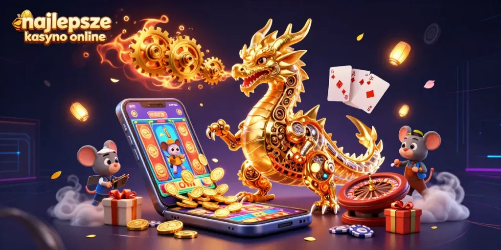 Play exciting games at najlepsze kasyno online, featuring a golden dragon and stunning slot visuals.