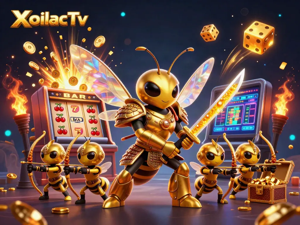 XoilacTv showcases a vibrant, action-packed scene with a golden samurai hornet and dynamic gambling elements.