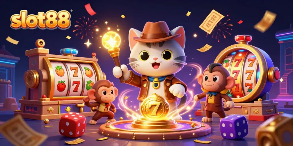 Slot88: Kucing arkeolog menemukan artefak kasino emas dikelilingi simbol slot dan efek uang hujan.
