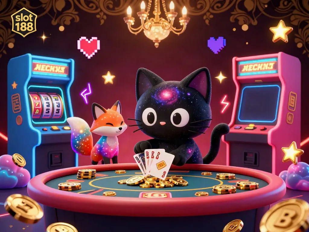 Slot 188 memperlihatkan kucing hitam berputar di kasino saat menarik chip emas.