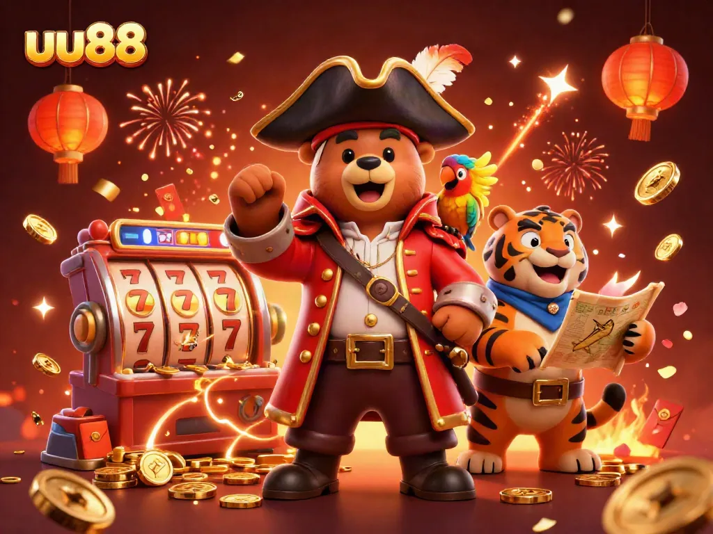 Play exciting slots with uu88 featuring a pirate captain bear and his crew amid dazzling casino elements.
