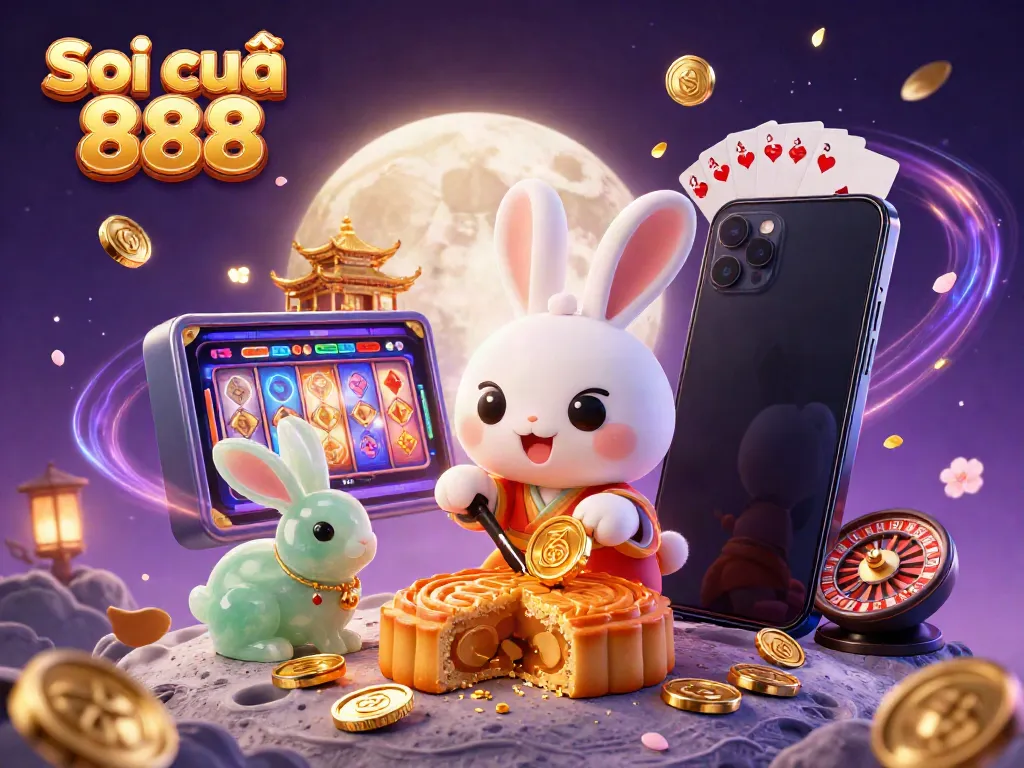 Engage with the vibrant Soi cầu 888 casino experience featuring a whimsical moon rabbit crunching mooncakes revealing poker chips.