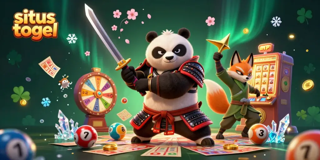Visualisasi bertema situs togel dengan panda samurai dan rubah ninja melempar angka undian.