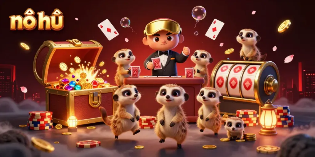 Engaging nổ hũ scene with meerkats overseeing a lively casino operation surrounded by spinning slot reels and treasures.