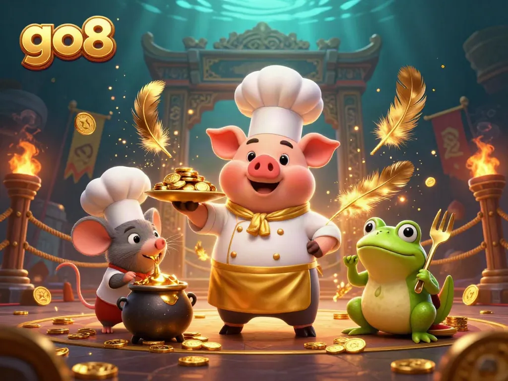 Experience the excitement of go8 casino with cartoon characters serving golden treasures in a vibrant gaming scene.