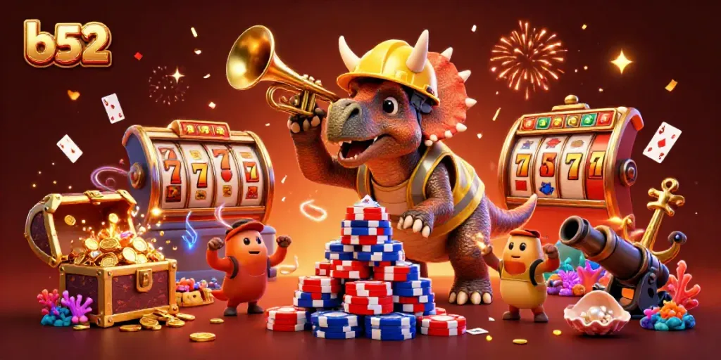 Experience the excitement of b52 with cartoon characters celebrating over a vibrant casino game scene.