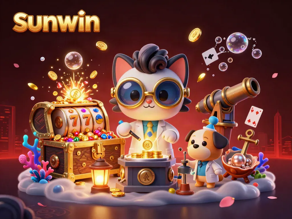 Experience sunwin's vibrant online casino scene with a mad scientist cat and assistive dog creating exciting gold coin games.