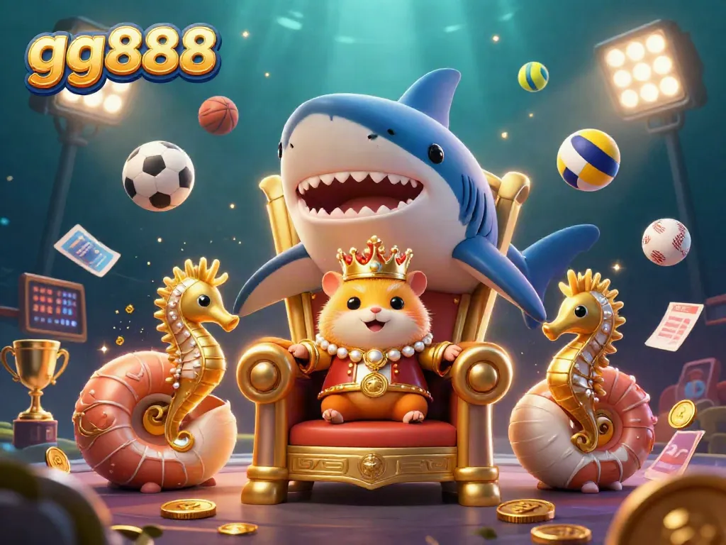 Experience gg888's thrilling gaming action with a hamster king amidst sports elements and vibrant casino atmosphere.