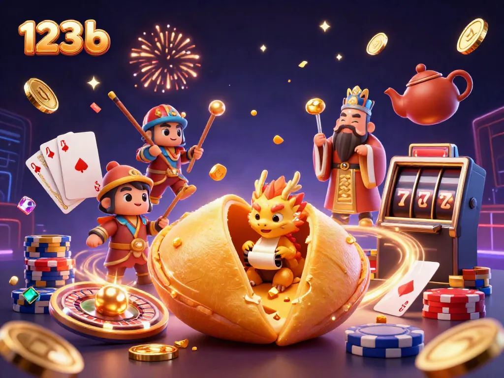 Engage with 123 b casino through a magical scene featuring dragons and golden treasures.