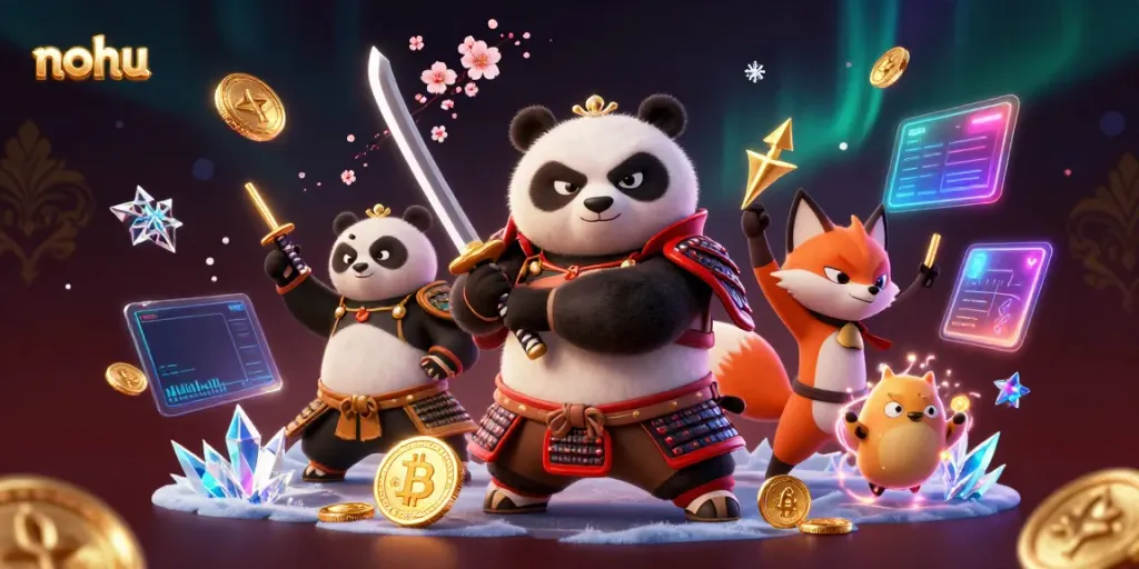 Engage in thrilling nohu adventures with cartoon samurai, ninja fox, and floating spirit tanuki.