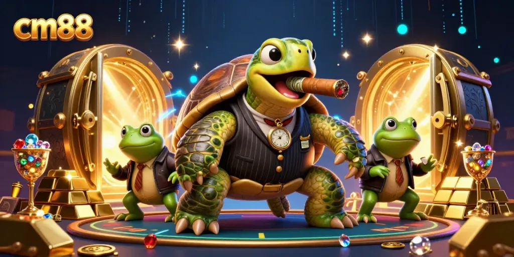 Engage in exciting casino adventures with cm88, featuring a mobster turtle and bullfrog enforcers.