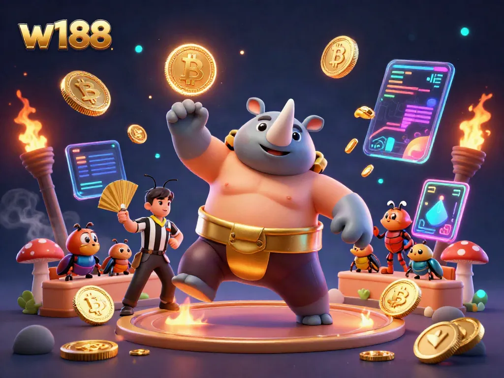 Feature an energetic w188 casino scene with a beetle sumo champion and dynamic game elements.