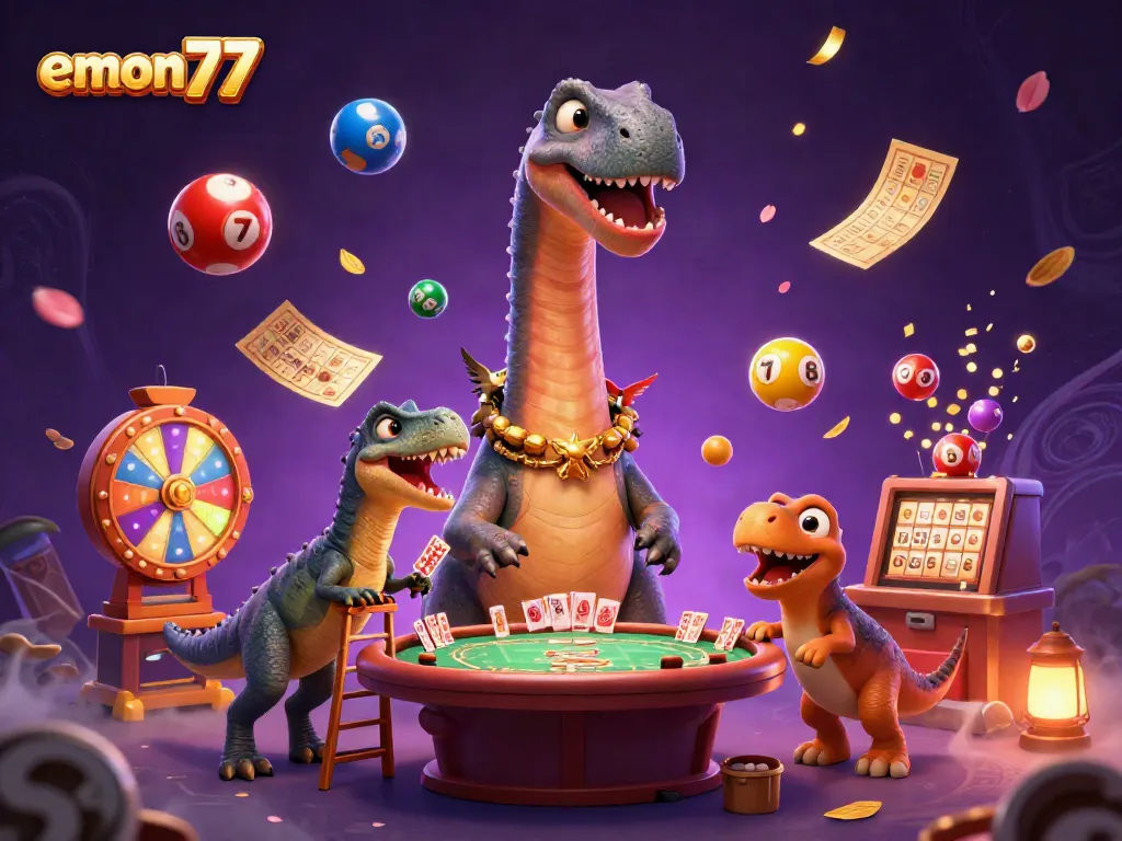 Experience fun at emon77 with a giant brontosaurus in a vibrant casino scene.