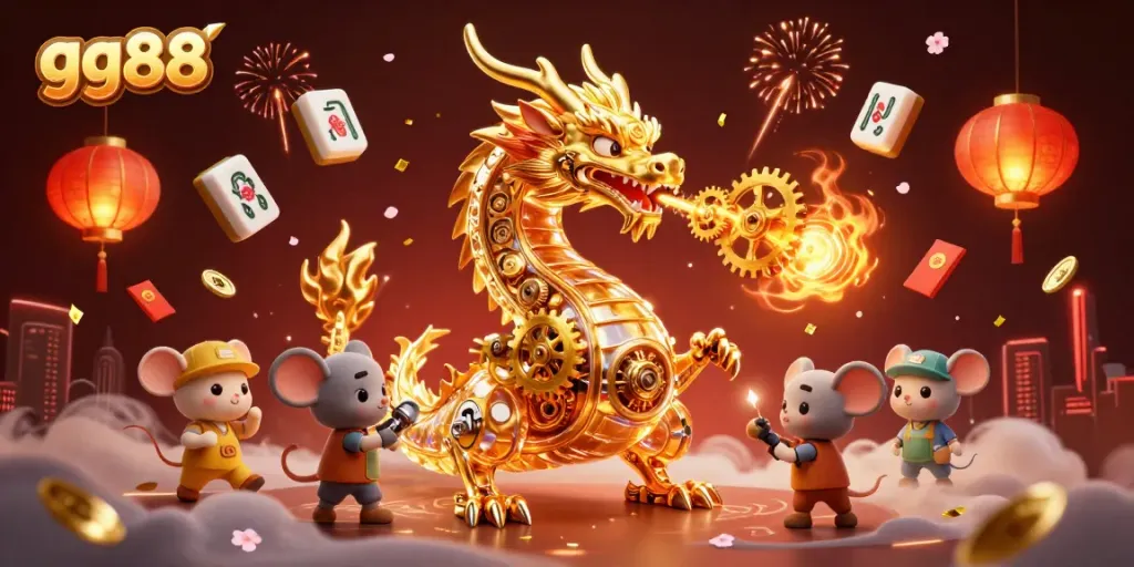 Engage in thrilling gamified experiences at gg88 with an enchanting golden dragon, Mahjong tiles, and festive elements.